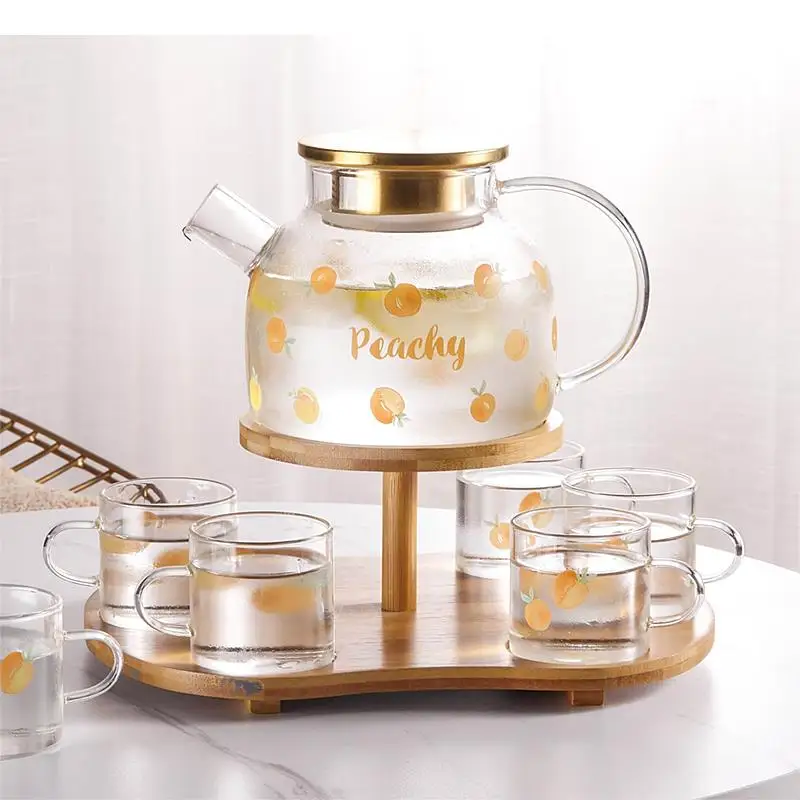 

Glass Cold Kettle Set Transparent Cup Pot Seven Kits with Wooden Base Tray Teapot Heat Resistant Tea and