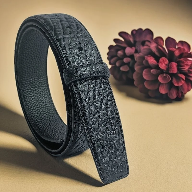 simple-design-top-layer-cowhide-belt-with-body-headless-black-alligator-pattern-automatic-buckle-business-casual-belt