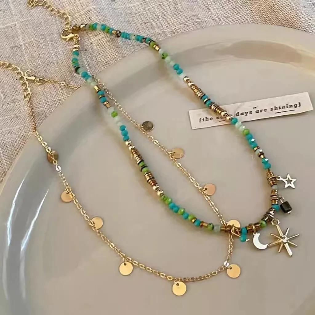 

PRISCA | Girl Colorful Beaded Necklace Moon Star Pendant Women Bohemian Fine Jewelry Natural Stone French Style