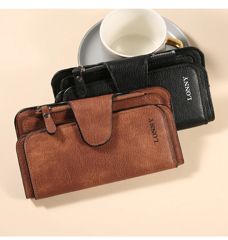 Damen-Geldbörse, dreifach gefaltet, lang, aus Wildlederimitat (PU), mit Druckknopfverschluss und Reißverschluss, viele Kartenfächer, großes Fassungsvermögen, Damen-Clutch-Geldbörse. – Detail 14