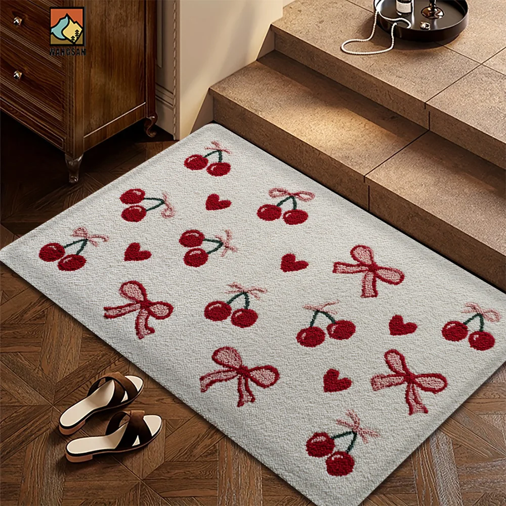 1pc Cute Cherry and Bowknot Pattern Rectangular Bathroom Non-slip Floor Mat, Creative Art Super Fine Fiber Floor Mat, Soft, Ve