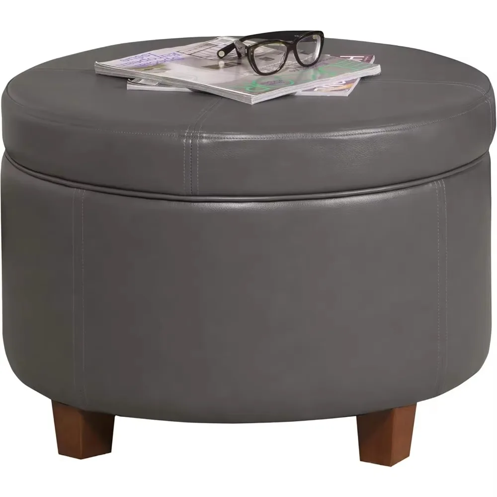 Round leather storage footstool with lid for bedroom or living room storage, 24 D x 24 W x 17 H