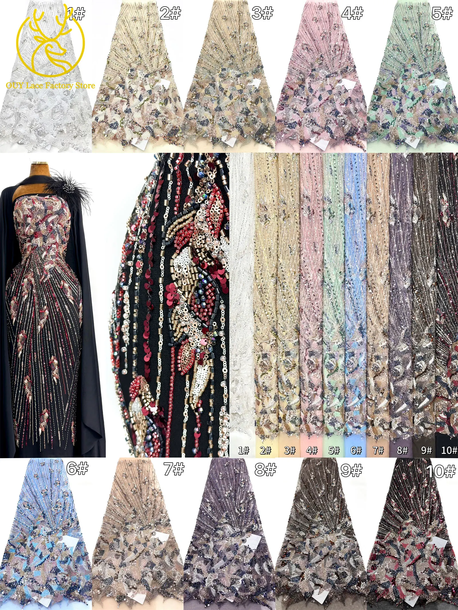 Hochwertiger nigerianischer bestickter Perlen-Spitzenstoff 2026 – Neuer Stil, afrikanische Pailletten-Mesh-Spitze, ideal zum Nähen von Hochzeitskleidern – Detail 34