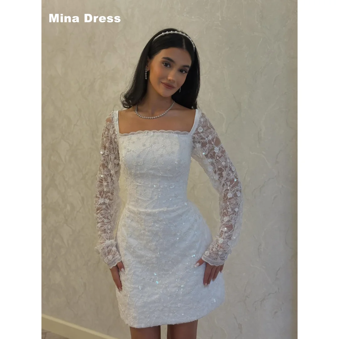 

Mina custom-made white formal evening gown, elegant square-neck party dress, suitable for special occasions, pearl short dress.