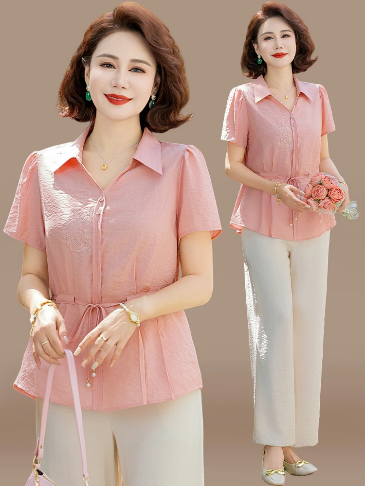 

Летний комплект Ele: шифоновый топ и брюки для женщин среднего возраста, модный свободный крой, новинка