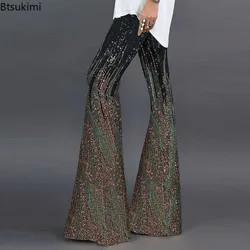 Pantalones de pierna ancha de cintura alta con lentejuelas para mujer, pantalones largos acampanados brillantes a rayas, pantalones femeninos con purpurina para fiesta disco en Club 2024