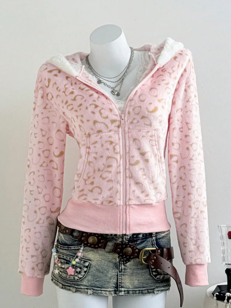 Damen Zip-Up Hoodie mit Leopardenmuster, Kunstfell-Kapuze, Lässige Streetwear, Y2K Koreanische Mode, Slim Fit Sweatshirt, Herbst Winter 2026 – Detail 2