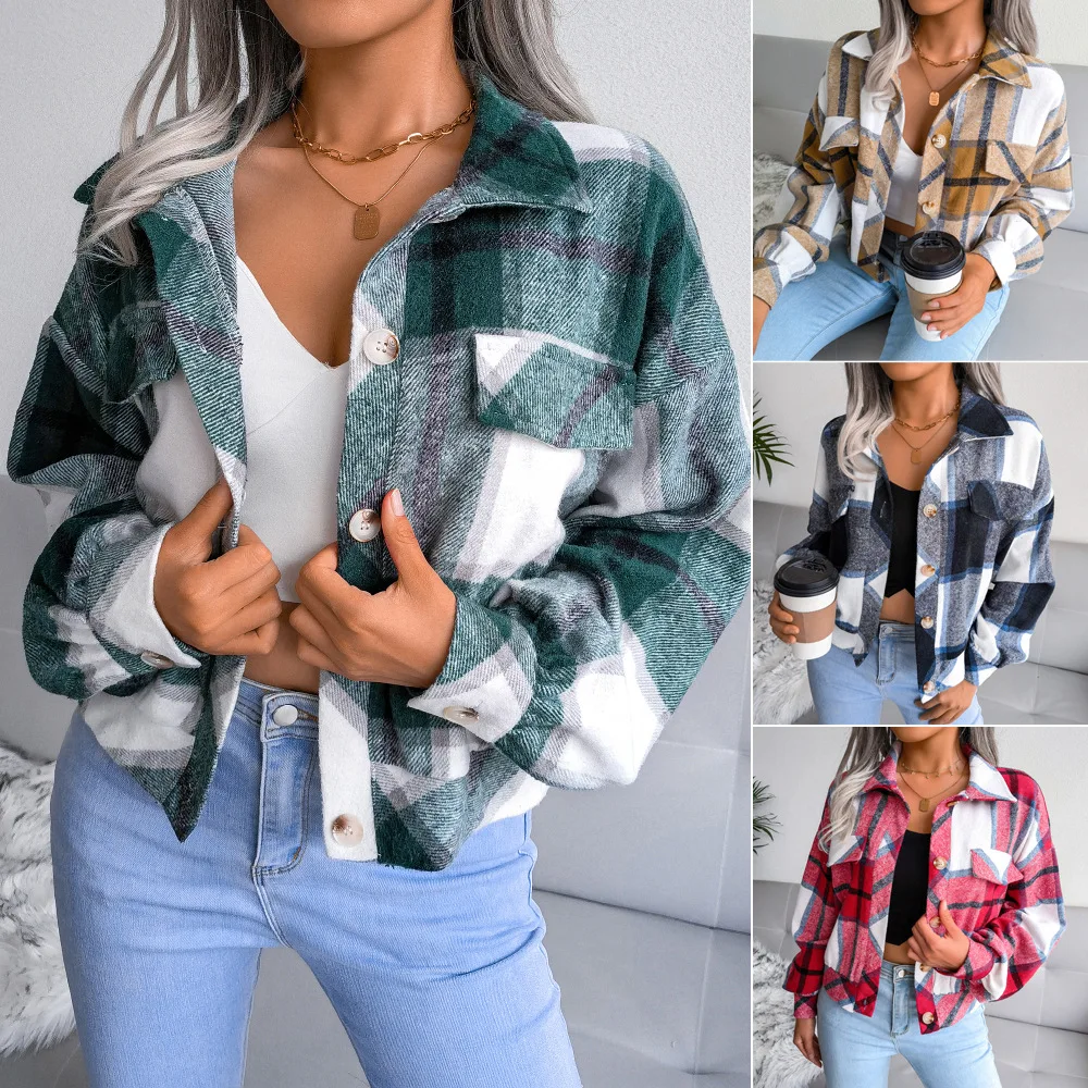 

Autumn Tweed Plaid Jacket Women Bomber Jacket Long Sleeve Single-breasted Cardigan Short Wool Coat Women's Clothing Trends New