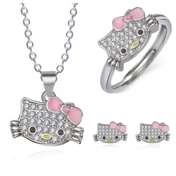 Sanrio Cute Cartoon Character Hello Kitty Open Ring Schoolgirl Girlfriend Sweet Cute Cat Ring Necklace Earrings Small Gifts