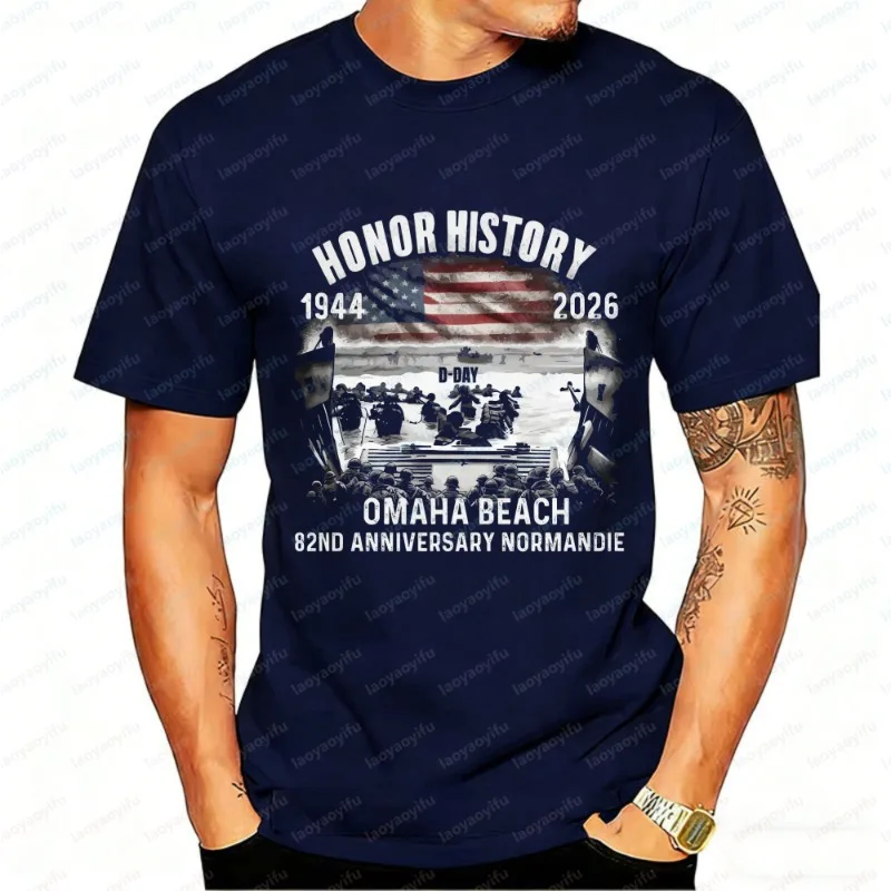 82nd Anniversary D-Day Normandy Landing 2026 T-Shirt Men's Omaha Beach Honor History 1944-2026 Military Cotton Casual Shirt Tops
