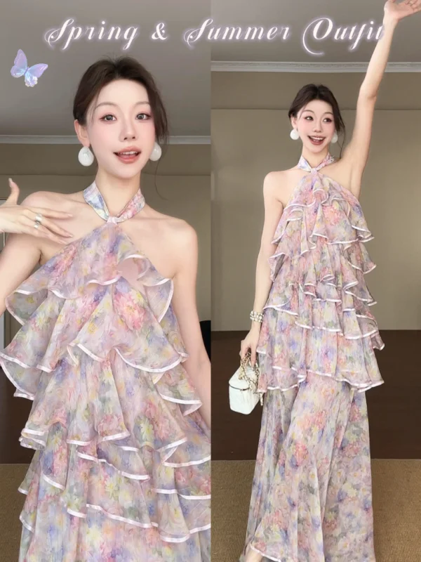 

Parkyeon Irregular Lace Trim Neck Hanging Style Floral Print Multi-layered Cake Skirt Women's Holiday Dress Casual Loose Fit
