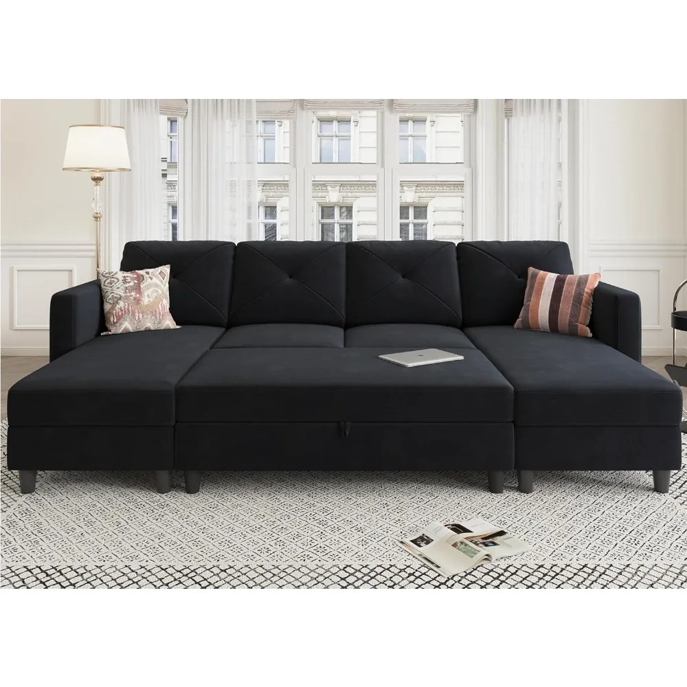 Sleeper-sofá Seccional de terciopelo en forma de U para sala de estar, conjunto de 4 asientos con almacenamiento otomano, color negro