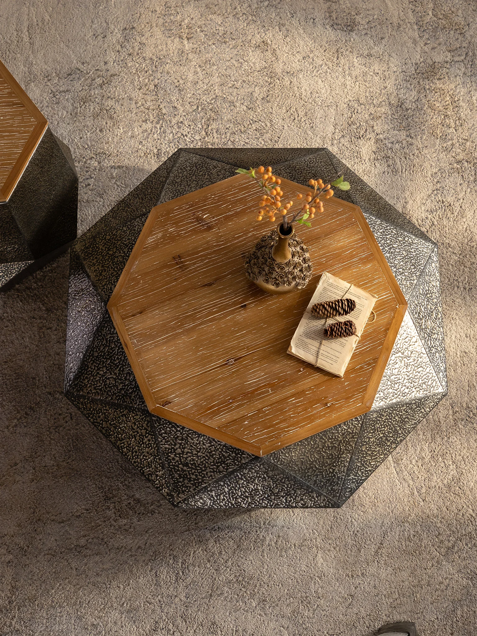 Creative Geometric Design Dark Rock End Table with Storage Hammered Iron Wood Tabletop