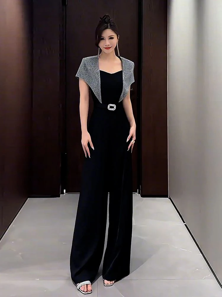 Mono de pierna ancha de cintura alta para mujer, verano, ort Sve, ocultar carne, alargamiento de piernas, traje de una pieza, Color Blo Dr