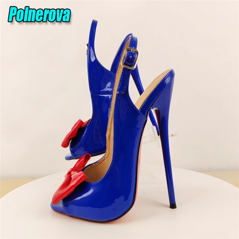 Red Bowknot 16CM High Heels Sandals White Blue Patent Leather Peep Toe Buckle Strap Stiletto Pumps Summer Sexy Party Women Shoes