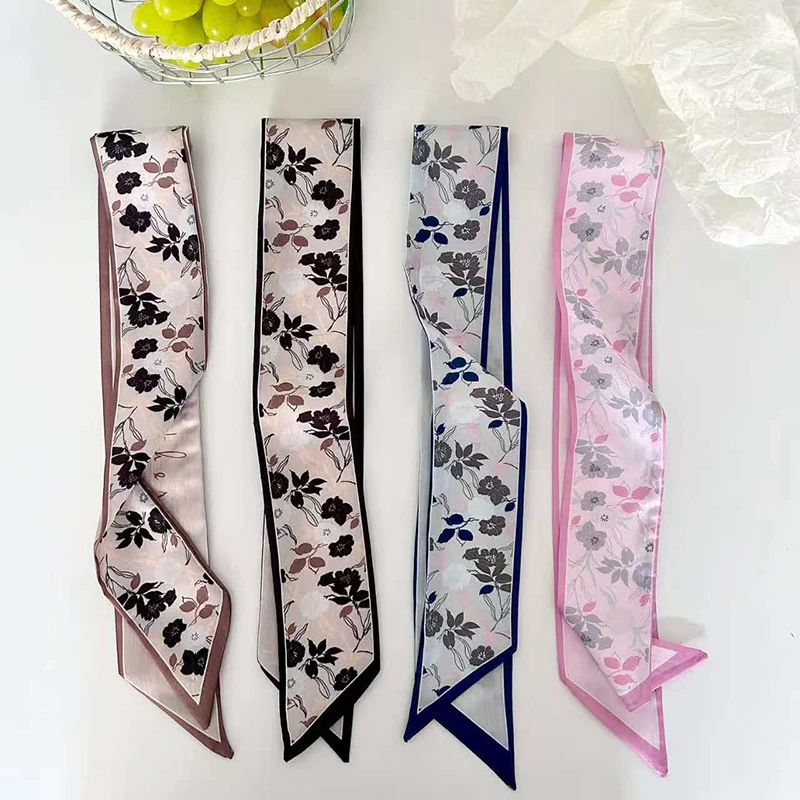

Woman Floral Print Skinny Satin Scarf Long Hair Strip Silk Ribbon Small Neck Scarfs Bag Handle Ribbon Kerchief Lady Headband Tie