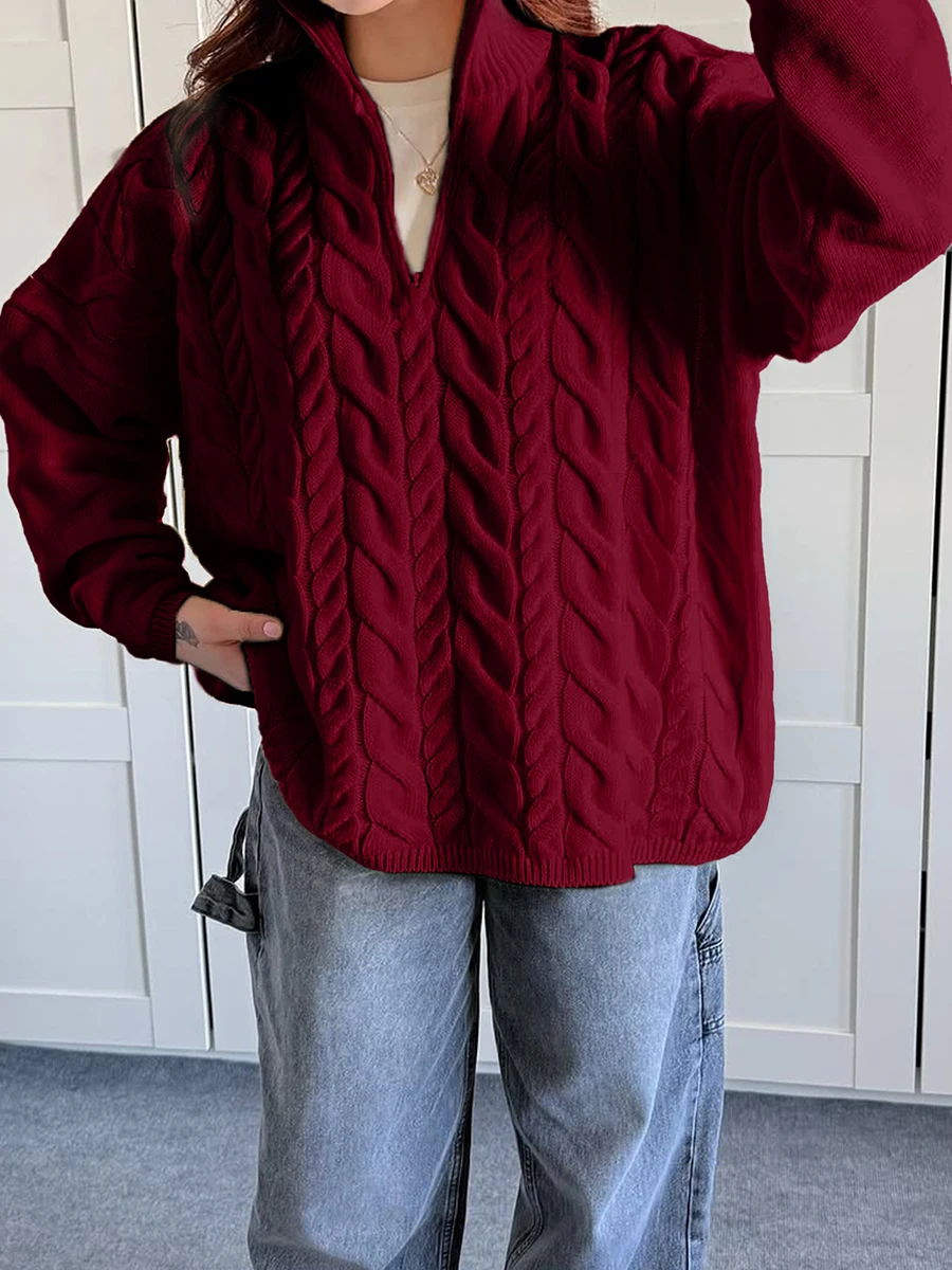 Sweter Rajut Wanita Model Twist Terbaru Musim Gugur, Lengan Panjang, Kerah Setengah Tinggi dengan Ritsleting, Jumper Kasual Simpel Modis, Sweter Longgar