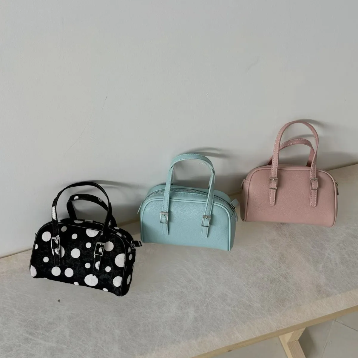 FIRMRANCH 2026 Spring Summer New Black White Polka Dot Horsehair Top Handle Bowling Bag Women's Cowhide Shoulder Crossbody Purse