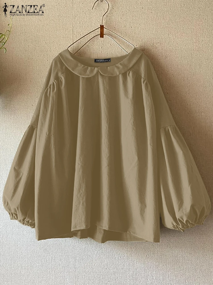 

ZANZEA Holiday Stitching Pleating Tunics Oversize Casual Loose Solid Blouse Sweety Doll Collar Tops Women Long Puff Sleeve Shirt