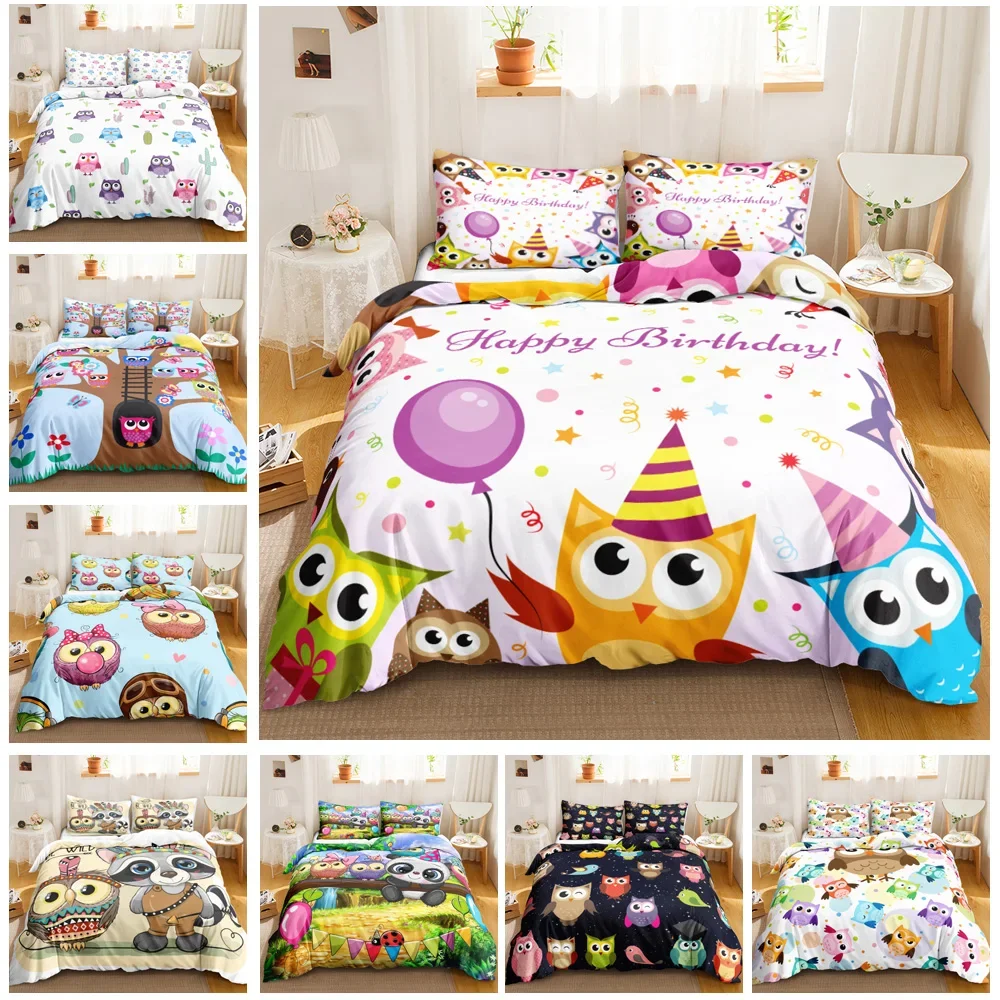 

Cartoon Owl Bedding Set 3D Wildlife Print Comforter Cover Bird Animal Duvet Cover King Size Nighthawk Soft Polyester Quilt Cover