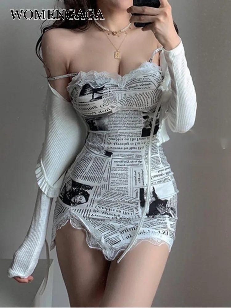 WOMENGAGA Elegant Lace Mesh Newspaper Printing Slim Side Split Sexy Skinny Strap Tank Mini Dress Irregular Dresses Korean QYI2