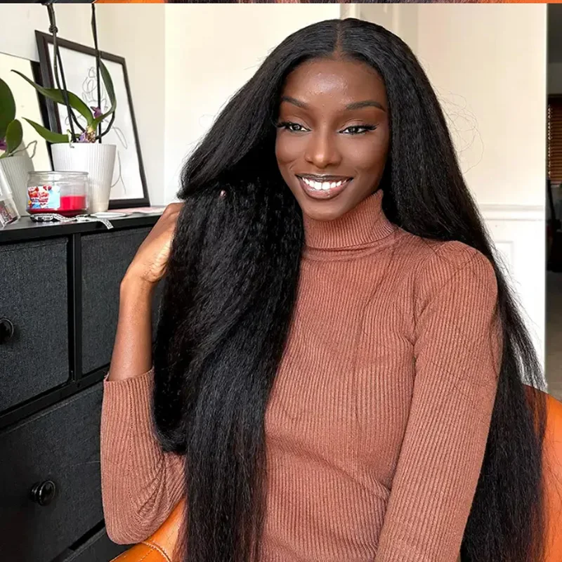 26inch Soft Kinky Straight Wig Black Yaki Lace Front Wig For Women With Baby Hair Synthetic Wigs Heat Temperature Glueless