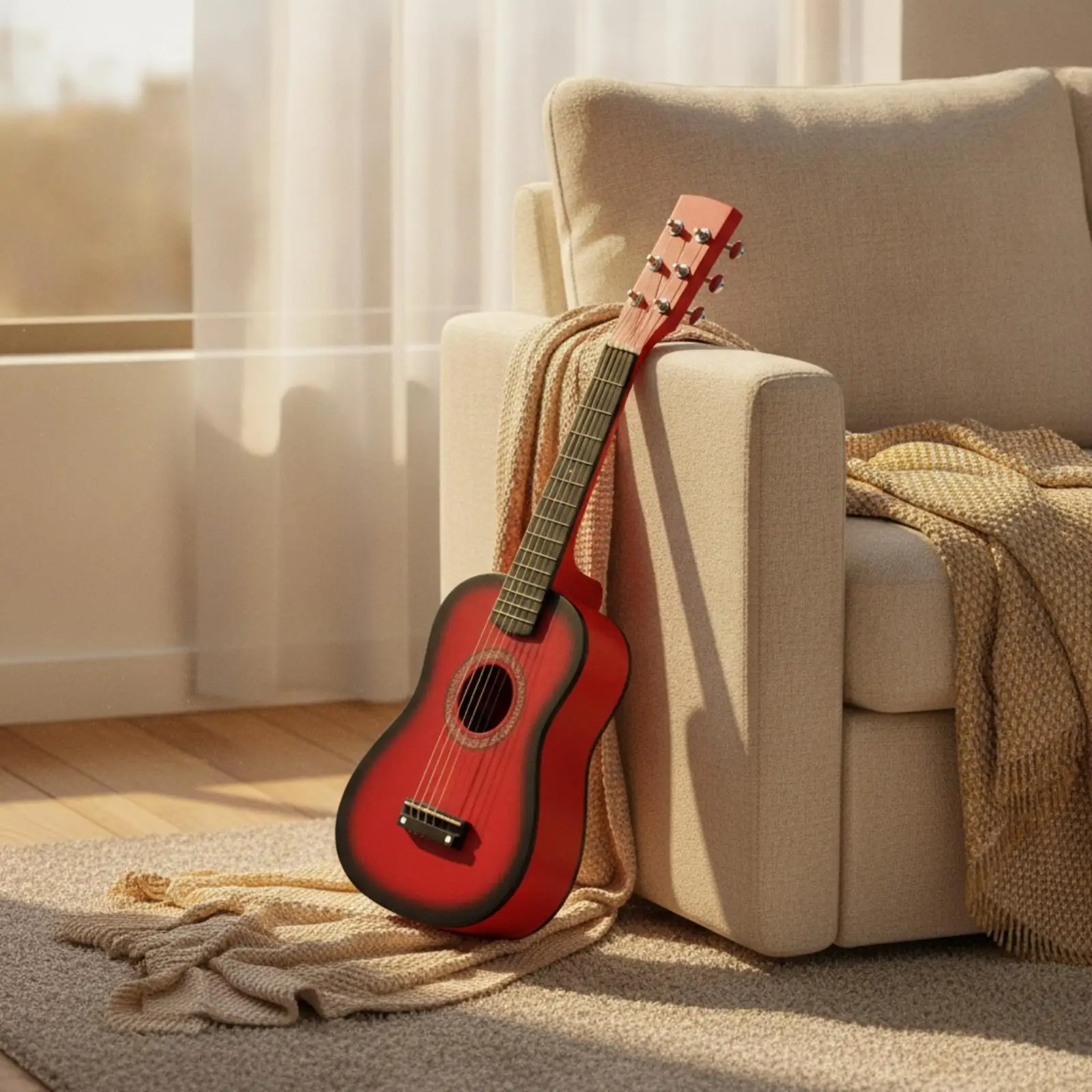 Compact Six String Acoustic Guitar for Students with Narrow Neck and Dark Fingerboard for Casual Travel Playing
