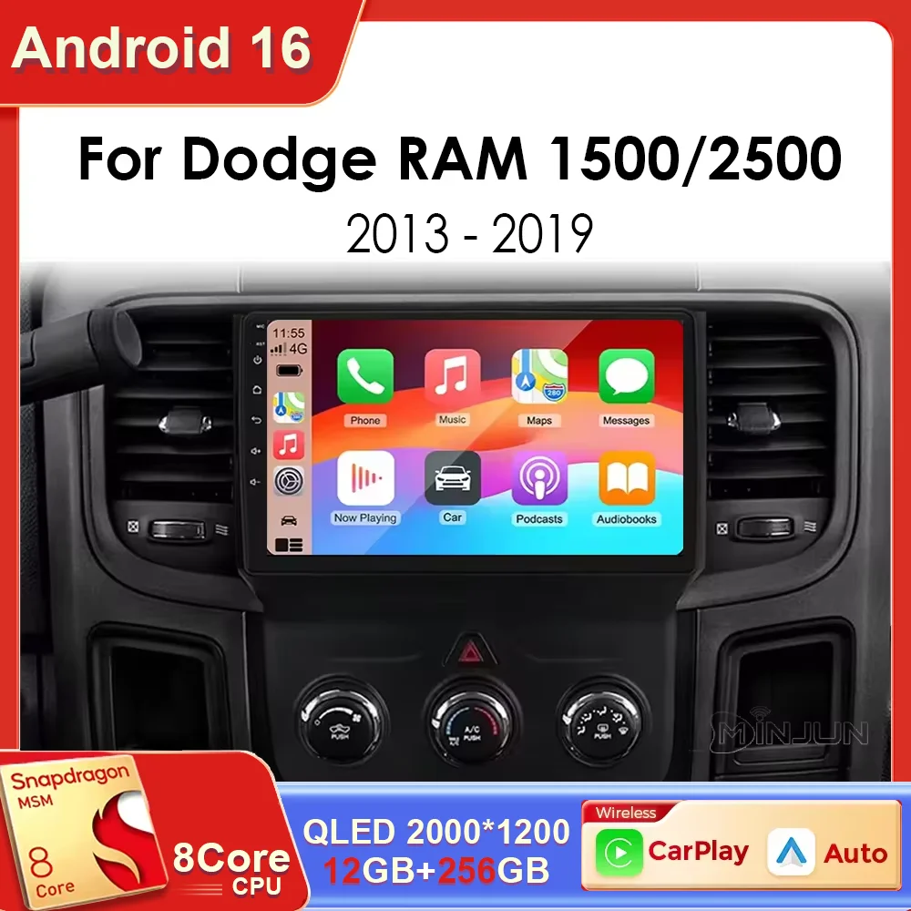 Radio Multimedia para Auto con Android 16 para Dodge RAM 1500 2500 2013-2019, Navegación, Bluetooth Inalámbrico, Carplay, Estéreo, Pantalla QLED 2K de 12+256 1