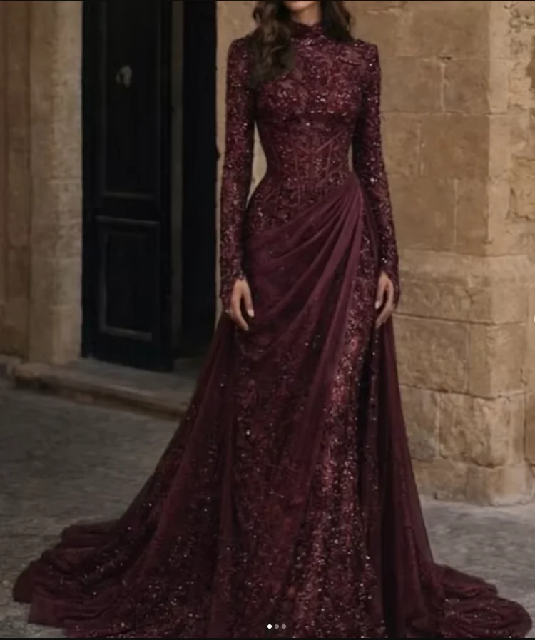 Customized Luxury Lace Sequins Prom Gown High Collar Long Sleeve Evening Dress Pleat Soft Long Formal Beads Party Dresses image 3