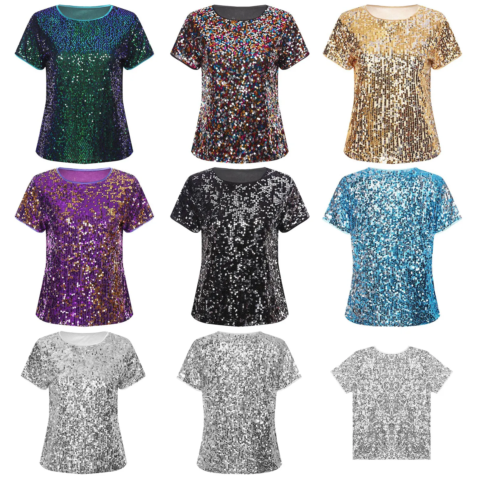 Women Sparkly Sequins Shirts Top Rave Dance Clothes Round Neck Short Sleeve T-Shirts for Cocktail Party Music Festival Nightclub