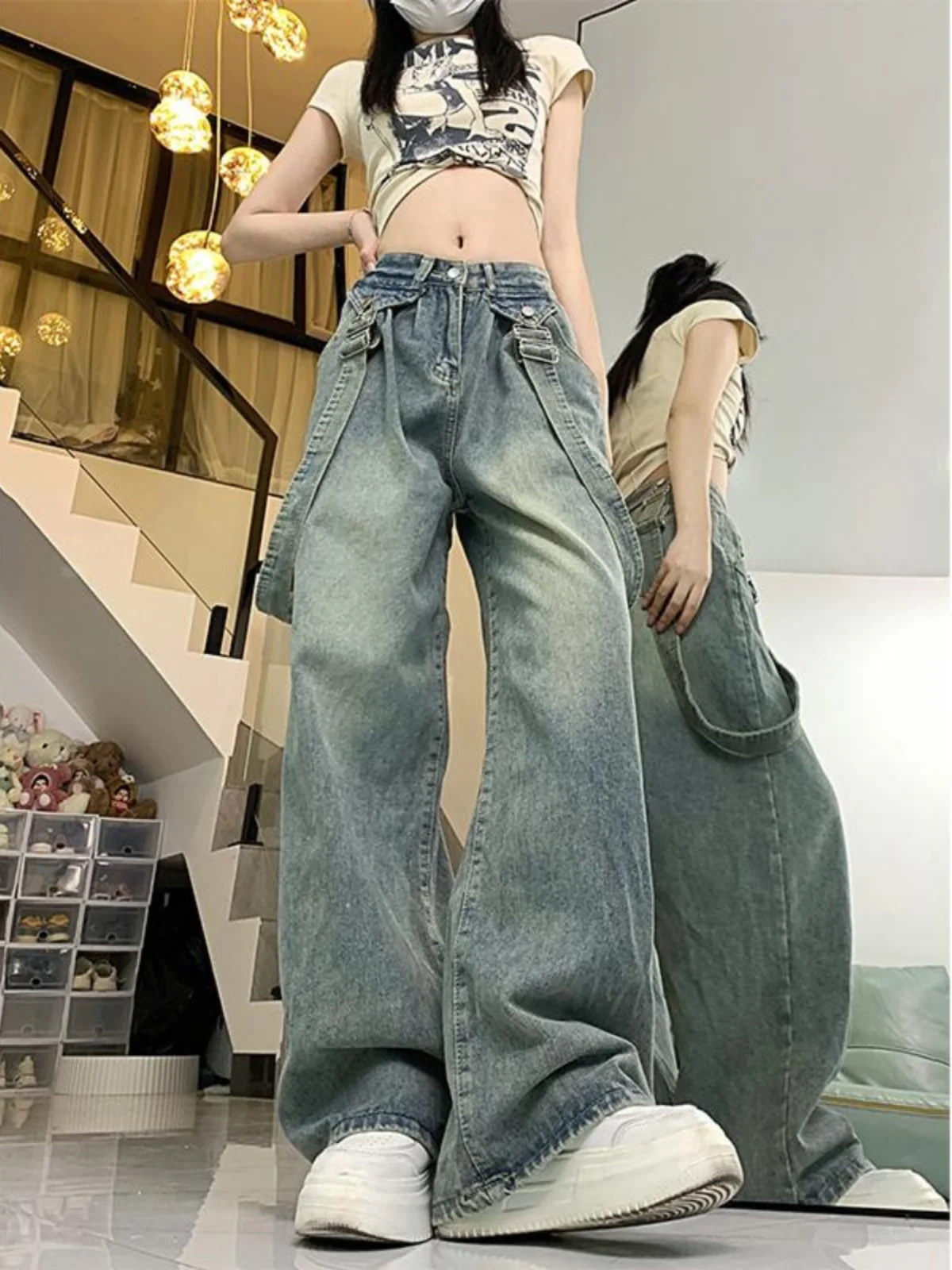 American Retro Detachable Design Wide Leg Jeans Women High Street Loose Fit Fashion Brand Commute Style High Waist Long Pants