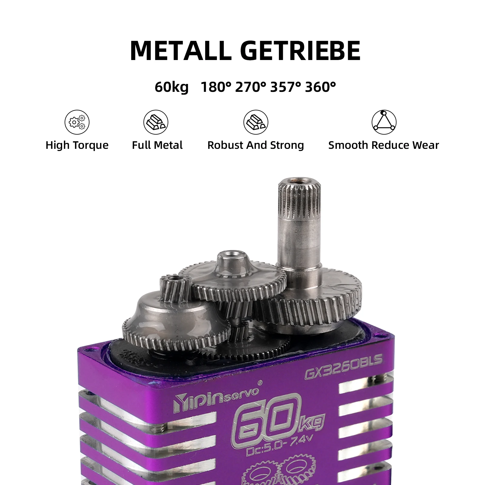 GX 60KG Torque Digital Brushless All Metal Servo 5.0-7.4V 180/270/357/360° Continuous Rotation 25T Steel Gear for RC Robot Car view 3