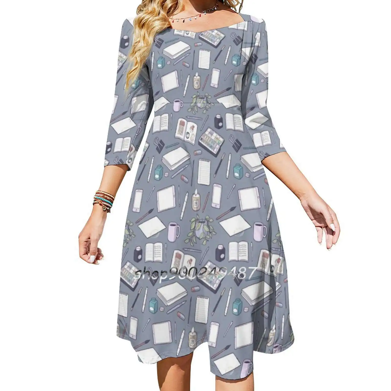 Make Art! Square Neck Dress Sweet Summer Dress Women Elegant Halter Print Dress