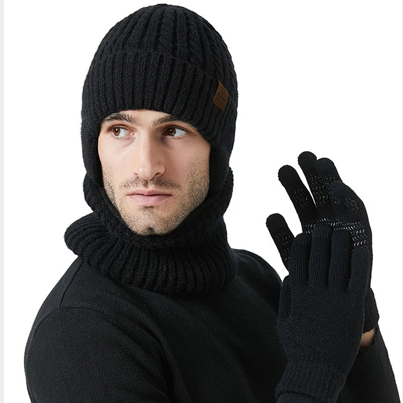 Bufanda de felpa para hombre y mujer, gorro y guantes de punto con protección para los oídos y pantalla táctil, traje de lana cálido para el cuello,