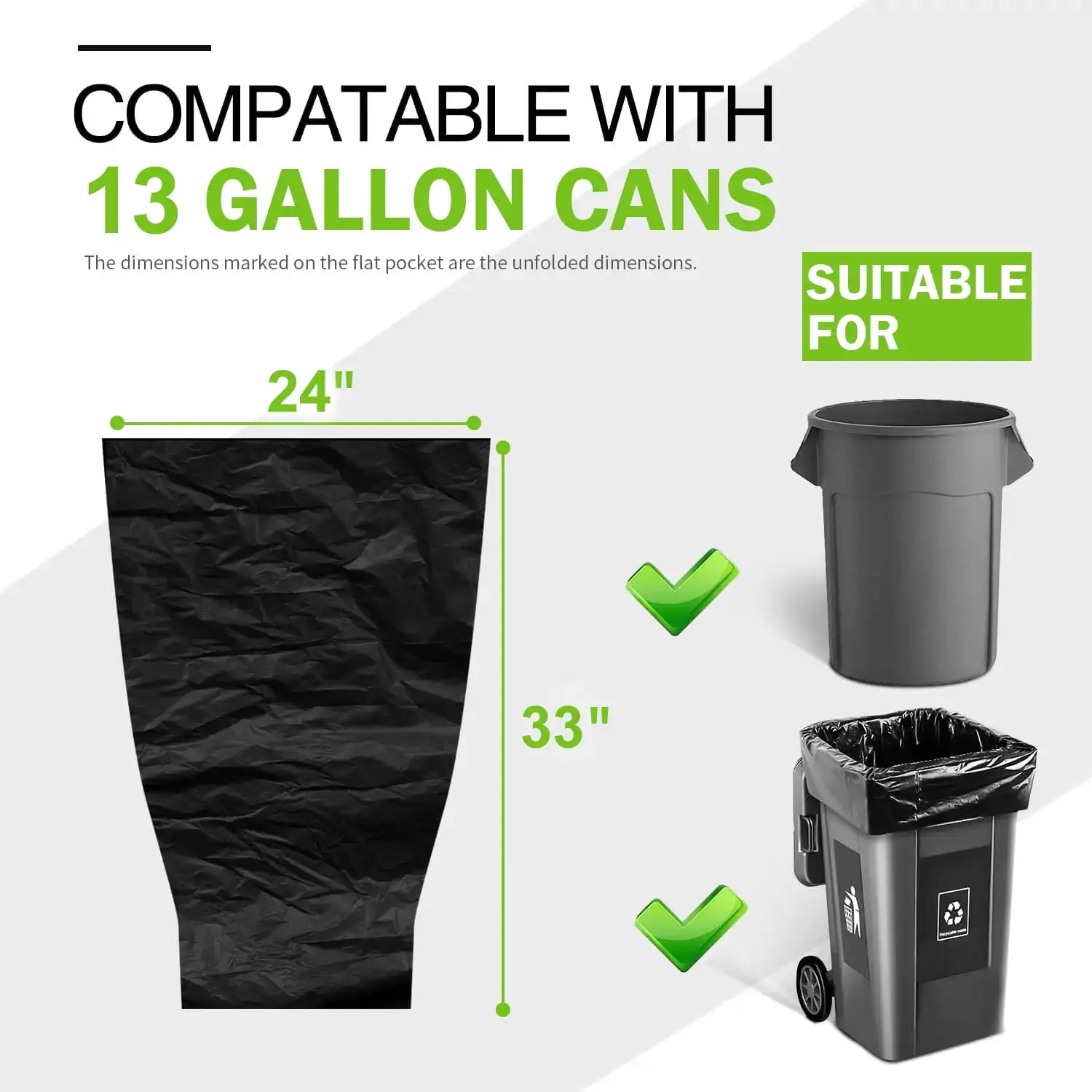 13 Gallon Trash Bags Heavy Duty 120 Pack 24”x 33 Black Garbage Can Liners for Kitchen Lawn and Leaf Outdoor Storage