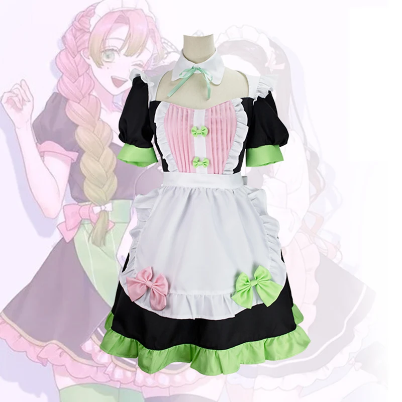 

Kanroji Mitsuri Cosplay Costume Dress Wig Anime Maid Uniform Halloween Carnival Party Dressing For Women