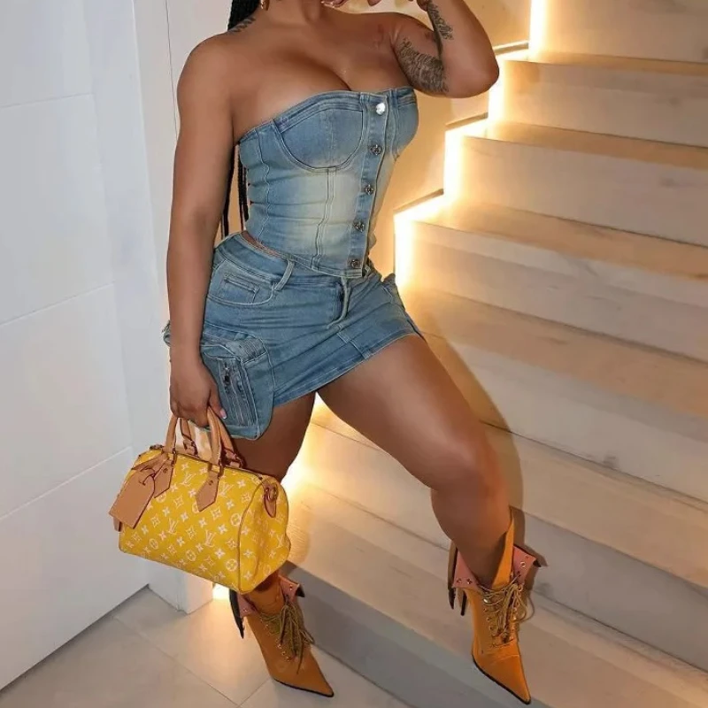 

Denim Two Piece Sets Women Skirt Suit Strapless Top Skirts Outfits 2025 Summer Sleeveless Backless Multiple Club Sexy Ensemble