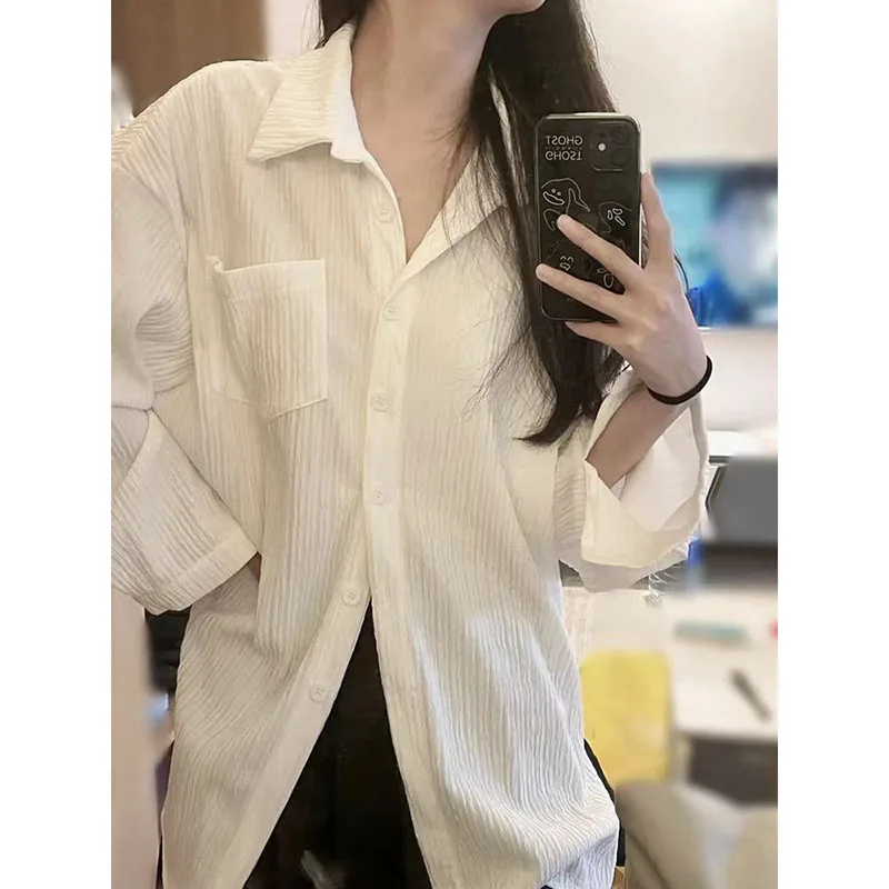 Cotton Linen Sun Protection Shirts Women Summer Loose Thin Long Sleeve Lapel Tops Korean Streetwear All-Match Buttons Blouse