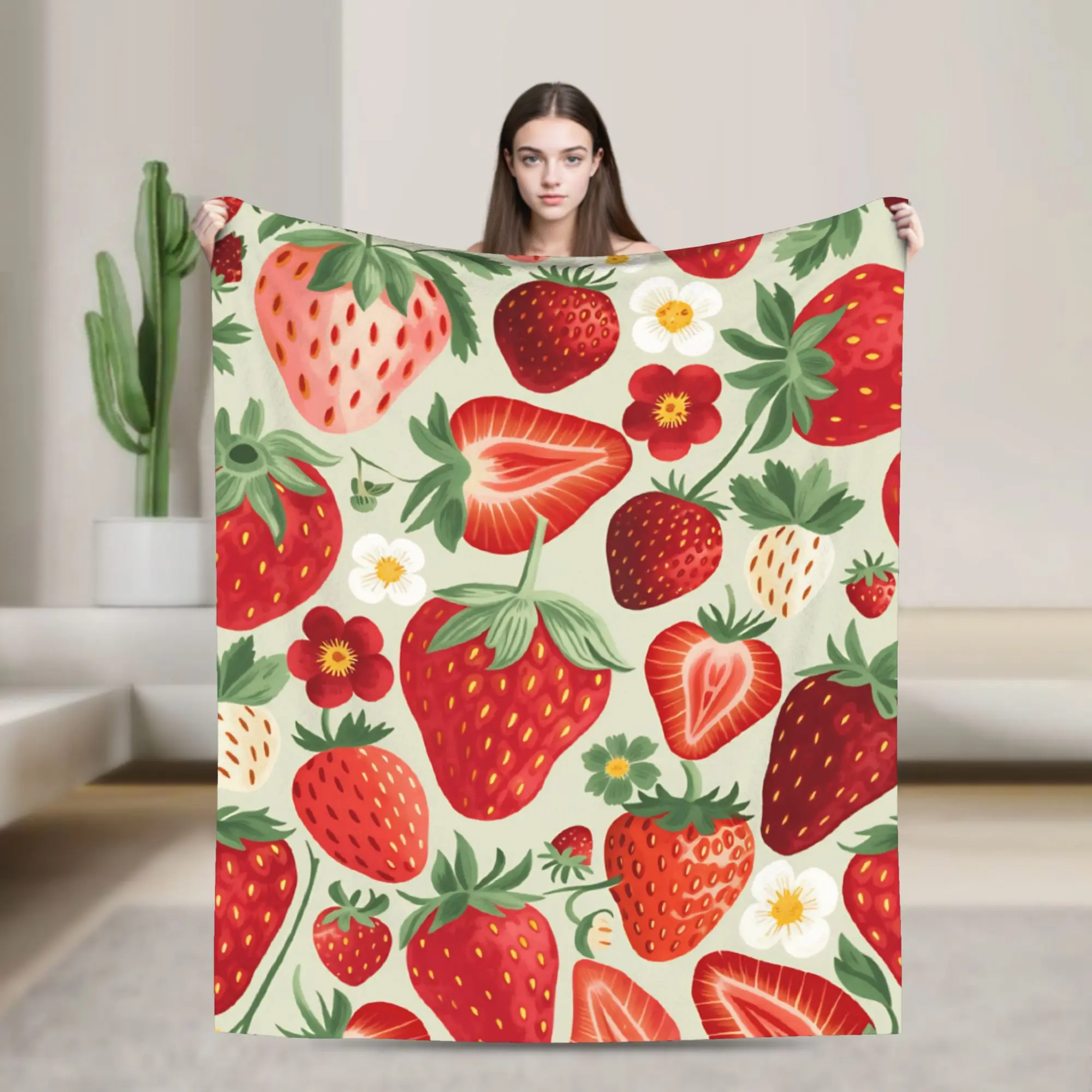 Strawberry Seamless Pattern Vintage Hand Drawn Throw Blanket Warm Cozy Funny Blanket  For Home Decor Flannel Bedspread Bed Cover