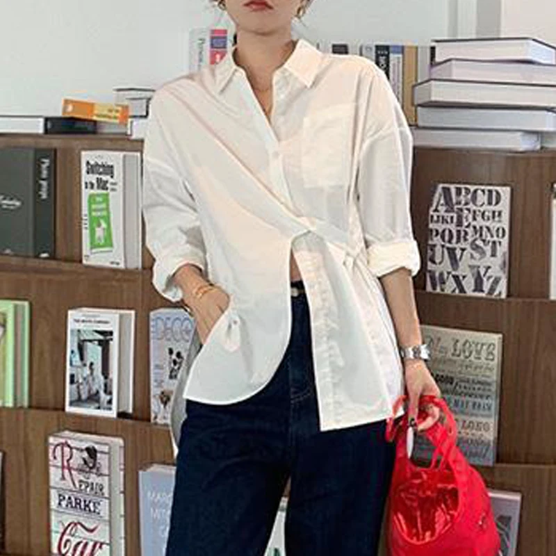 Women Trendy Vintage Asymmetrical Design Button Shirts Simple Chic Slit Loose Blouse Female Solid Long Sleeve Tops Casual Blusas