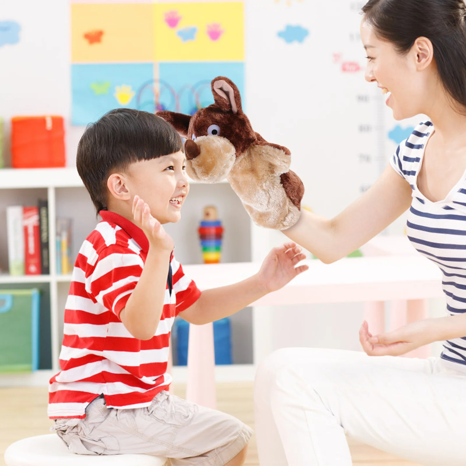 Marionnette à main en forme d'animal mignon, loup, pour raconter des histoires, jeu interactif, marionnette en peluche en coton, marionnettes d'animaux de dessin animé pour enfants