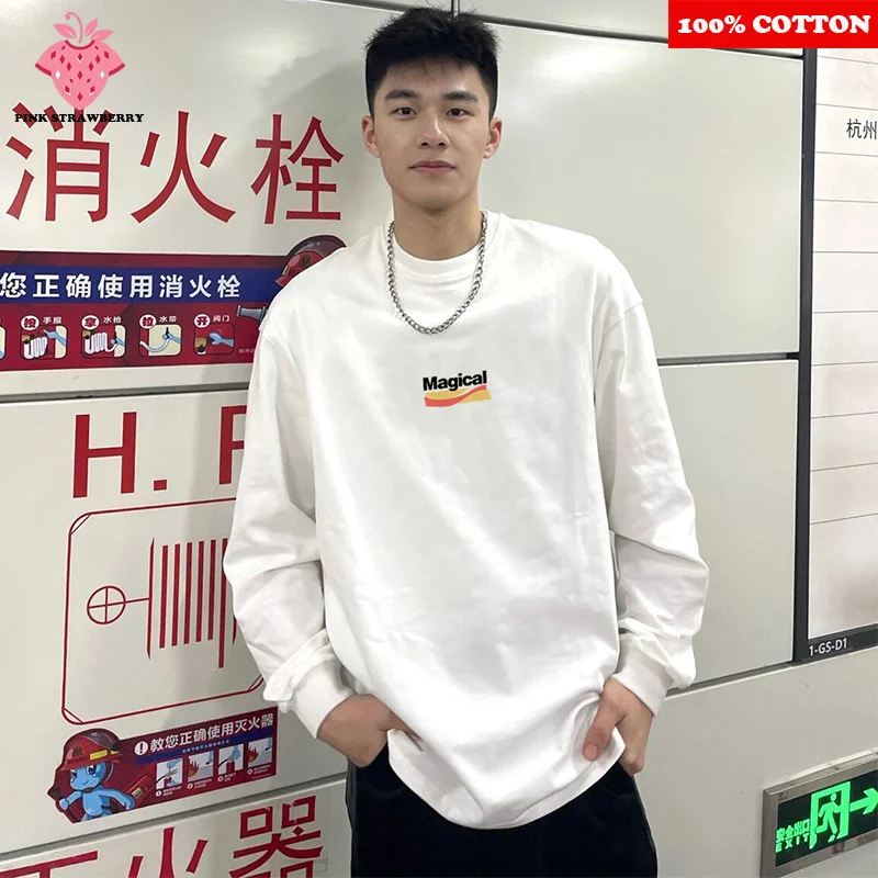 

American Simple Letter print T-shirt Men Autumn 2025 New 100% Cotton Long sleeve Loose Casual White T-shirt Y2k Top men clothing