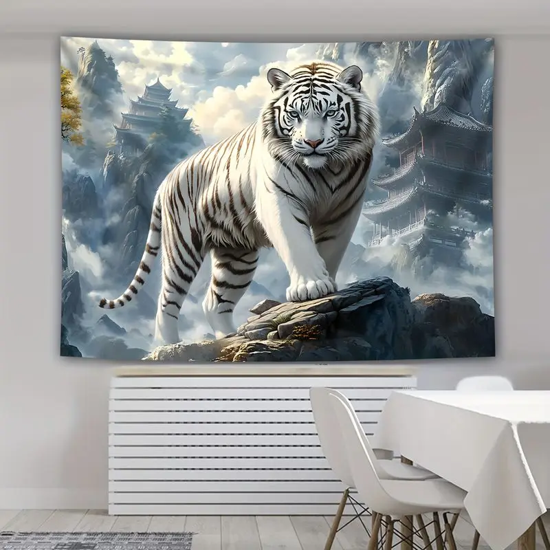 VIKAMA White Tiger Tapestry Asian Mountain Pagoda Misty Landscape Animal Wall Hanging Blue Sky Wall Art Living Room Decor