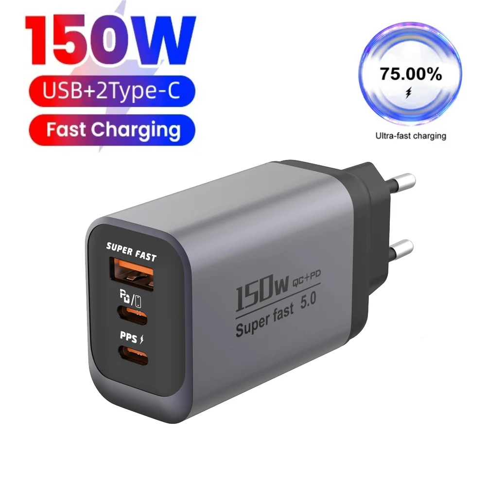 Cargador Rápido USB C de 150W, 3 Puertos, QC3.0, PD, Adaptador de Pared con Enchufe EU/UK/US para iPhone 17, 16, 15, Samsung, Xiaomi, Huawei, Cargador de Celular