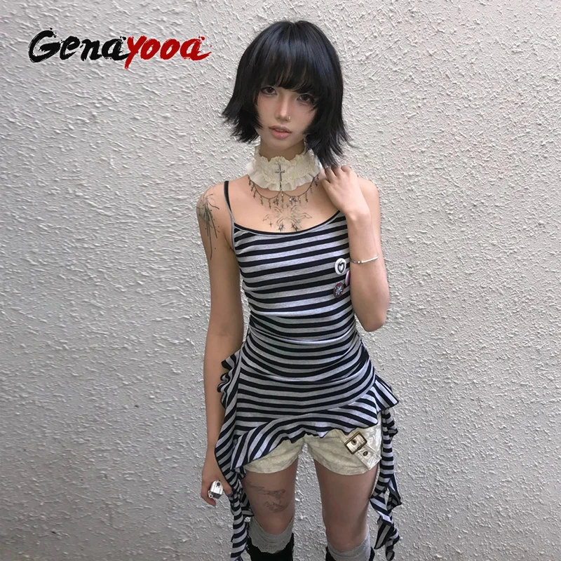 

Genayooa Vintage Retro Tank Tops Women Striped Tshirts Sleeveless Y2k Japanese Camis Tank 2000s Aesthetic E-girls Grunge Tops