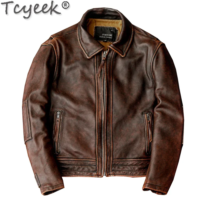 

Tcyeek Men's Genuine Leather Jacket Cowhide Short Leather Jacket Men Clothing Distressed Motorcycle Coat Trendy Chaquetas S-6XL