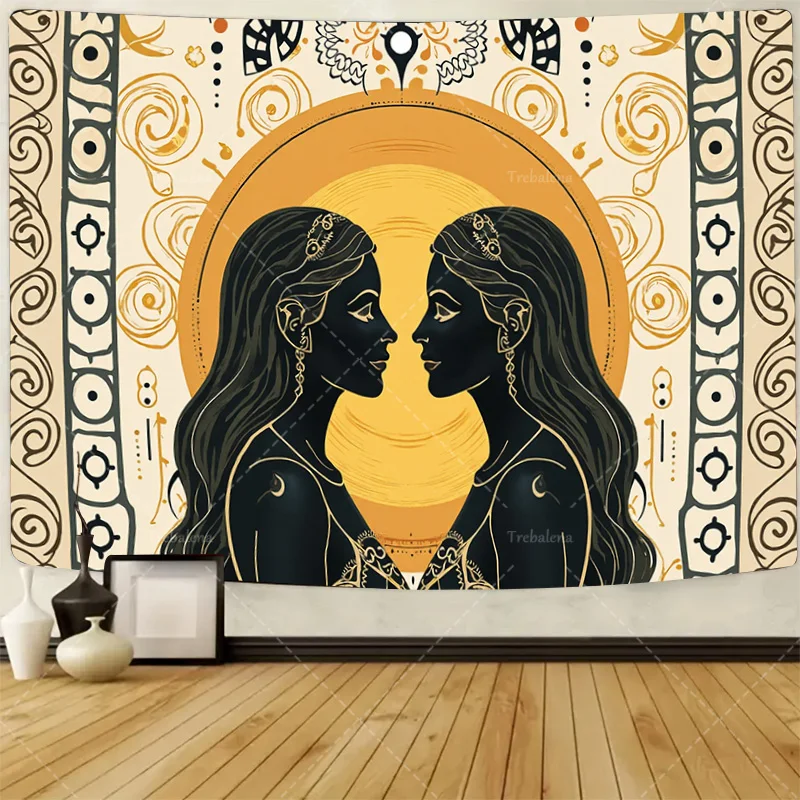 

1pc Wall Tapestry "Boho Chic Twin Goddess Tapestry - Gold & Black Abstract Wall Art"