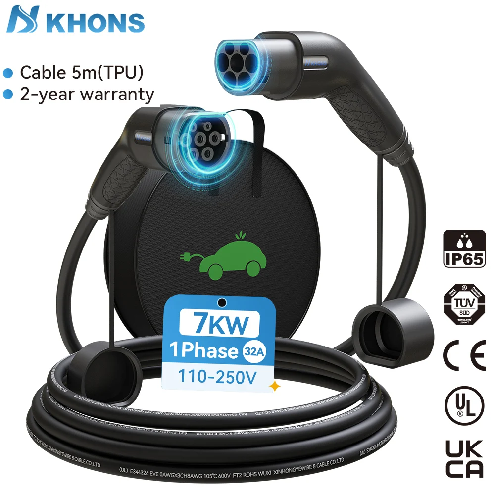 

Khons 7KW Cable Type2 To Type2 Ev Charging 32A EV Cable IEC62196-2 Female To Male Plug EVES Charging Stations 5M Cable TPU IP65