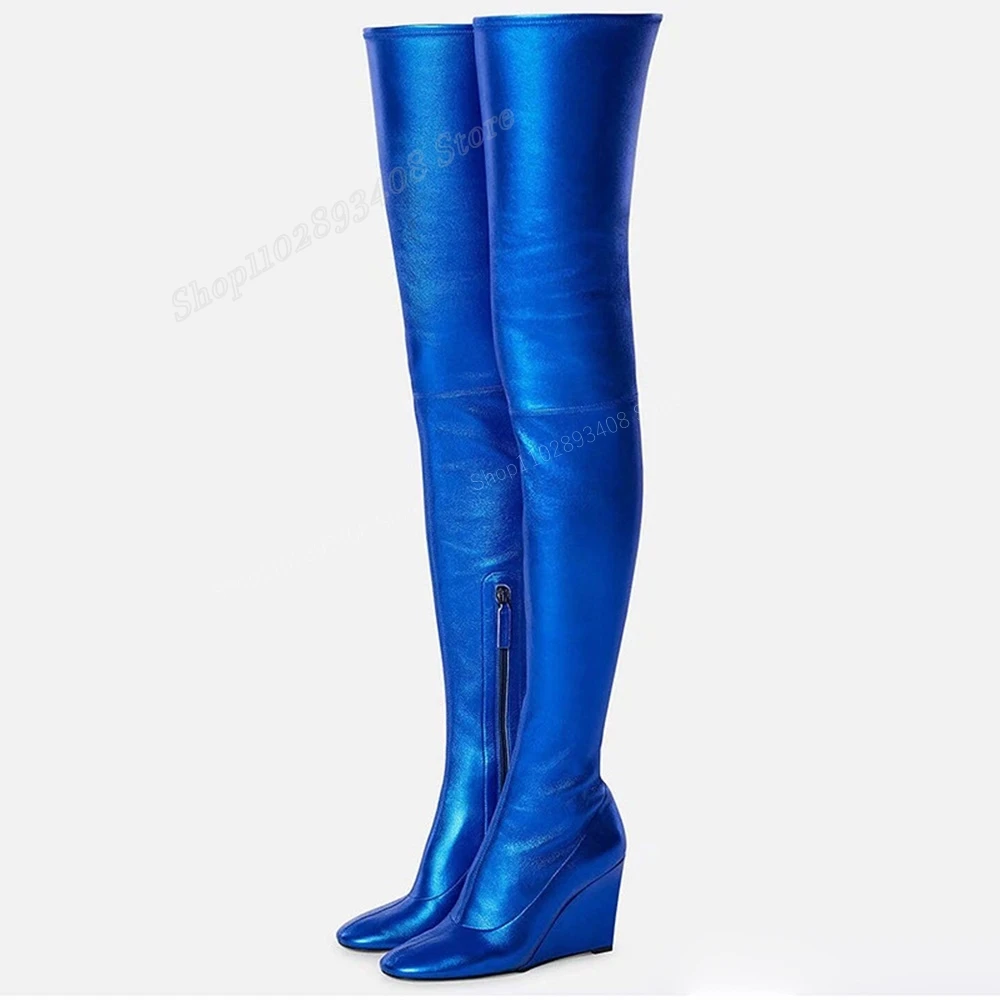 

Deep Blue Wedges High Heel Thigh High Boots Pointed Toe Solid Matte Leather Zipper Fashion Women Shoes 2024 Zapatos Para Mujere