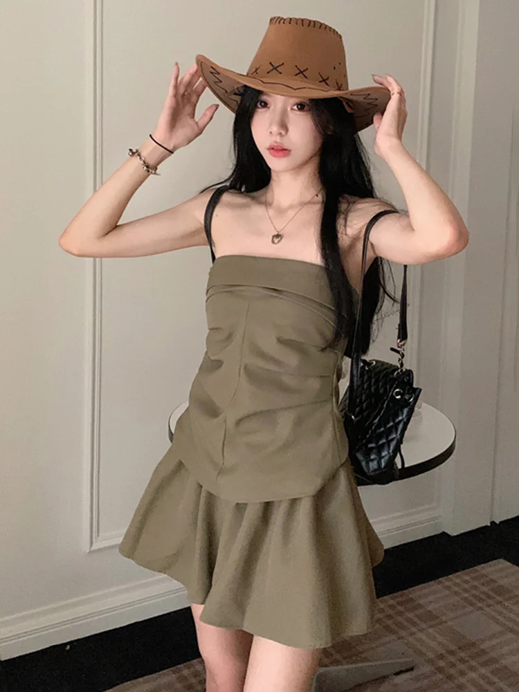 

Women Korean Solid Two Piece Sets Sleeveless Simple Fashion Strapless Tops High Waist A Line Chic Female Sexy Mini Skirt New